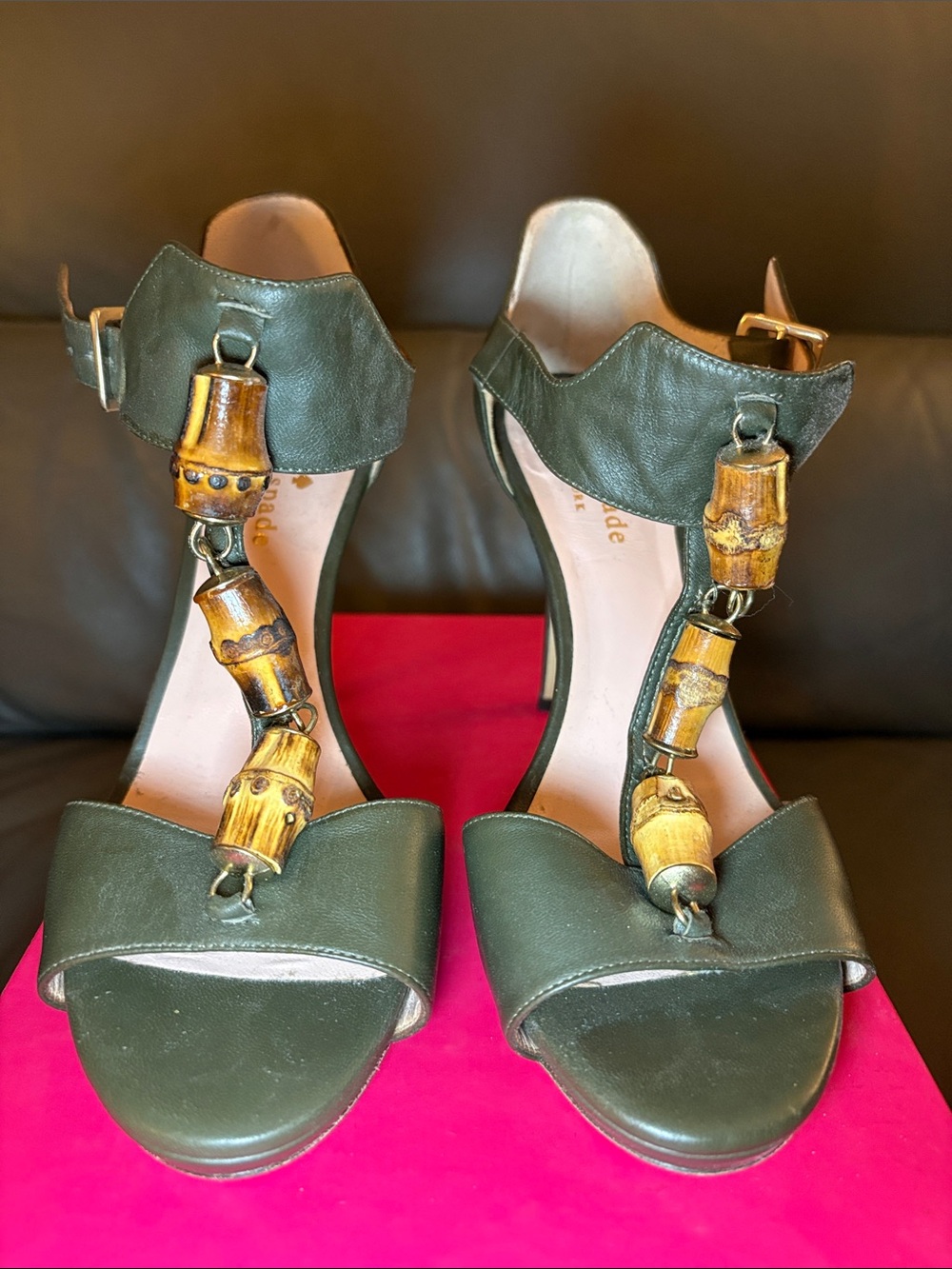kate spade Olive Green Leather T-Strap Heels with Bamboo Accents